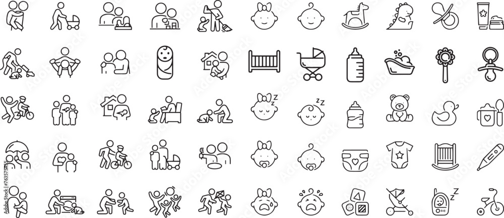 Set of line icons related to child care, international children day, kid rights, parenthood. Outline icon collection. Editable stroke. Vector illustration