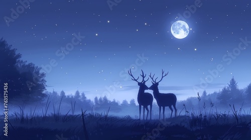  a couple of deer standing next to each other in a forest under a night sky with stars and a full moon.