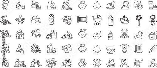 Set of line icons related to child care, international children day, kid rights, parenthood. Outline icon collection. Editable stroke. Vector illustration