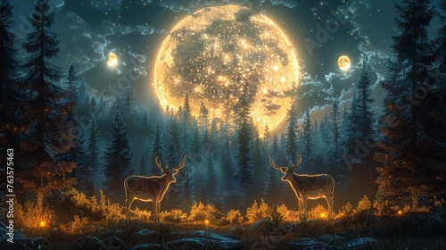  a couple of deer standing next to each other in front of a forest with a full moon in the sky.