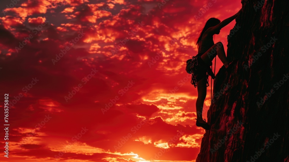 A climber ascends a steep rock face against a dramatic red sunset sky A climber ascends a steep rock face against a dramatic red sunset sky