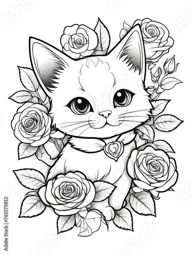 Cat with flower coloring page kids style white background ai generated  © Unique Artist