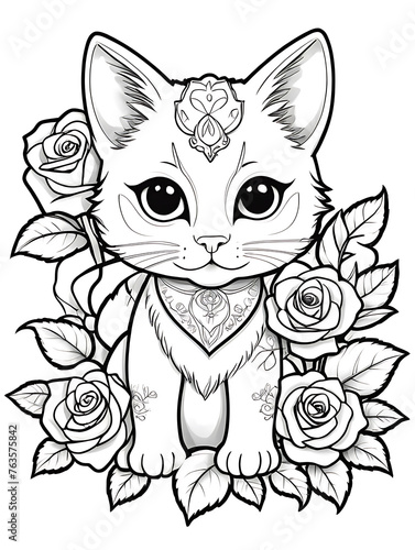 Cat with flower coloring page kids style white background ai generated 