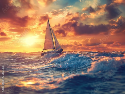Breathtaking Sunset Sailing Adventure on Turbulent Ocean Waves © Qstock