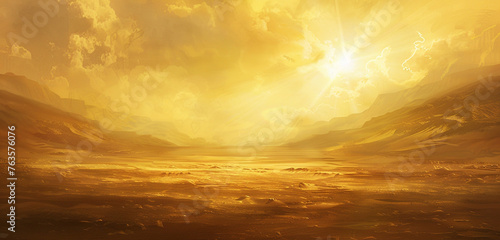 Heavenly rays in a rich gold  illuminating the untouched sands of a vast  peaceful desert