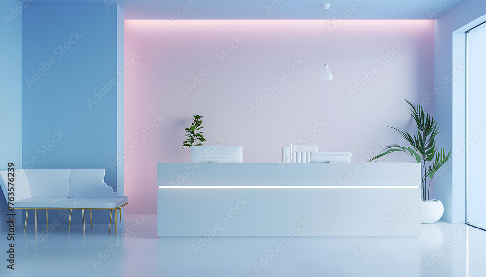 white reception desk in a clinic with light colorful walls soft light for healthcare medical card design. white reception desk in a clinic with light colorful walls soft light for healthcare medical card design.