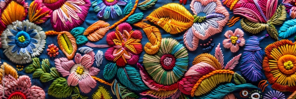 Peruvian embroidery with vivid nature motifs Peruvian embroidery with vivid nature motifs