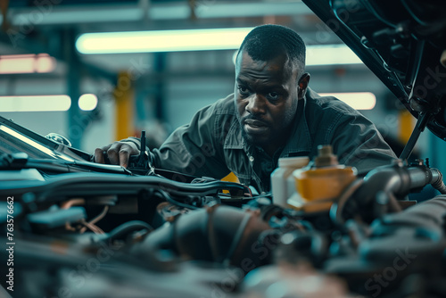 Portrait of a car mechanic repairing a car in the services center.