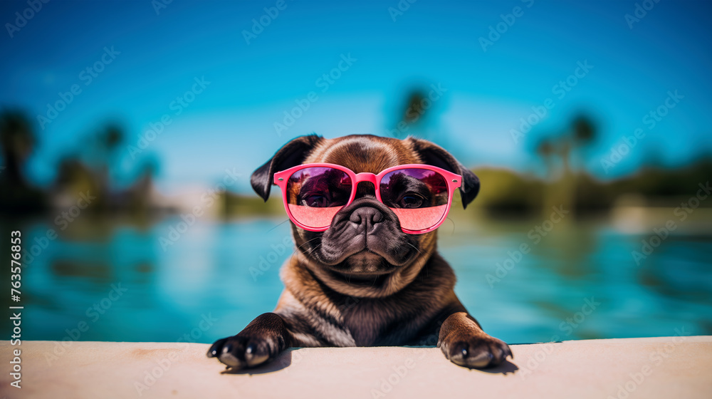 A fashionable pug puppy in pink sunglasses, swimming in the pool. Recreation for dogs. A cute pug enjoys relaxing on a sunny summer day while swimming in the pool. Relaxing dog of dark color