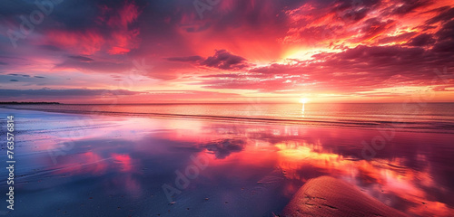 a fiery, vibrant sunset over a peaceful, deserted beach, with the colors of the sky reflecting on the wet sand and calm waters