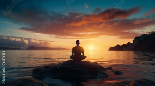 Silhouette of Person Meditating on Rock at Sunset