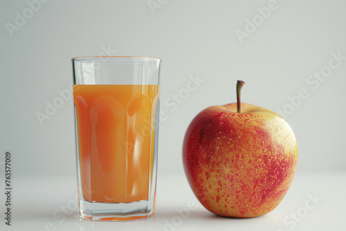 A glass glass full of apple juice, next to it an apple with a white background