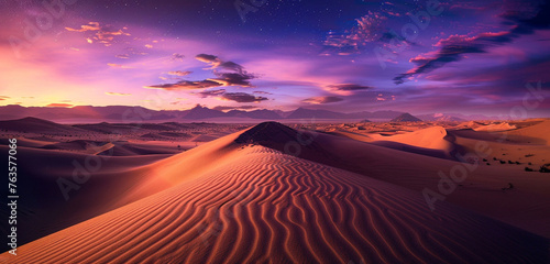 a vast, sandy desert under a twilight sky, with sharp, intricate textures of sand dunes highlighted by the purple and orange hues of the setting sun