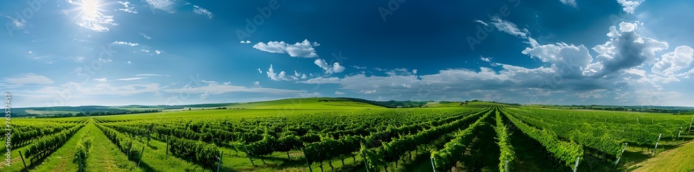 Rows of green vines in a wide field against a blue sky background.