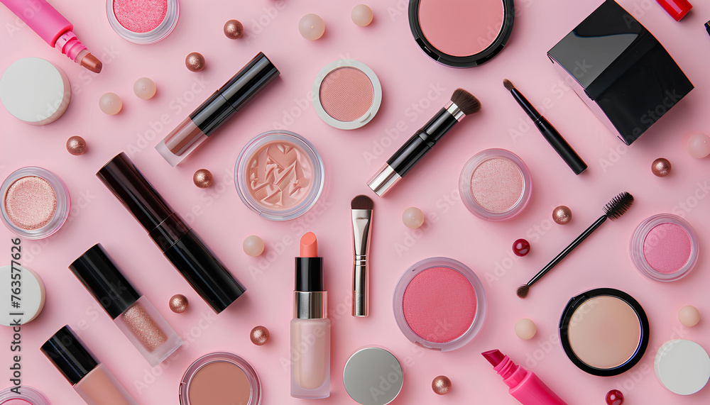 many cosmetics products for makeup on pink pastel background. many cosmetics products for makeup on pink pastel background.