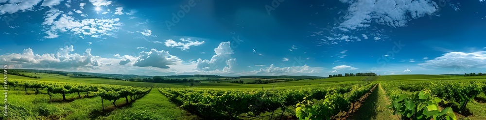 Green plantation with rows of grapevines with sunny clouds.