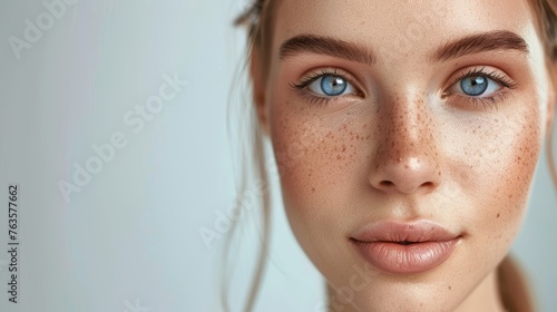 Young woman with freckles and blue eyes portrait. Natural beauty and skincare concept for beauty industry advertising
