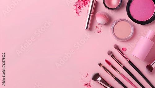 many cosmetics products for makeup on pink pastel background.