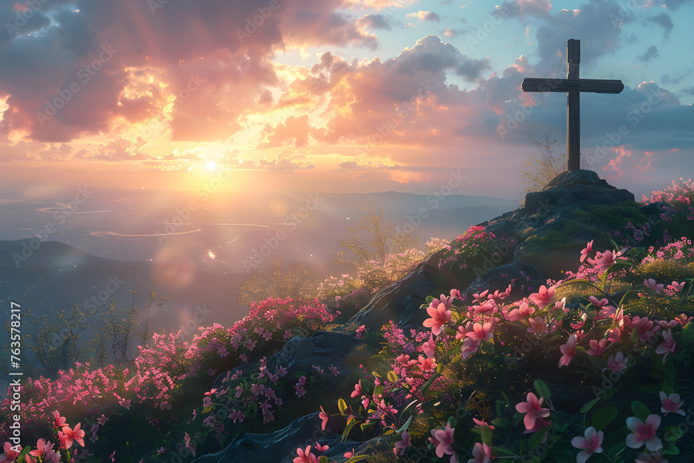 A religious cross on a hilltop with spring flowers and the sunrise, depicting Christian art and spirituality.