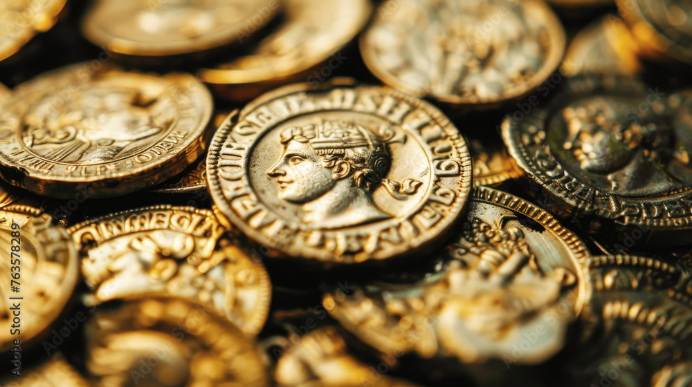 Ancient Greek Roman gold coins, pile of old money. Theme of Greece, wealth, antique, luxury golden treasure and history Ancient Greek Roman gold coins, pile of old money. Theme of Greece, wealth, antique, luxury golden treasure and history