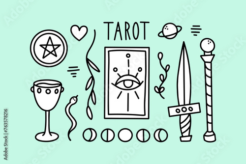 Suits of minor arcana tarot cards. Wands, Cups, Swords, Pentacles. Vector doodle Tarot set.Minor Arcana. Magic elements. Naive Art.