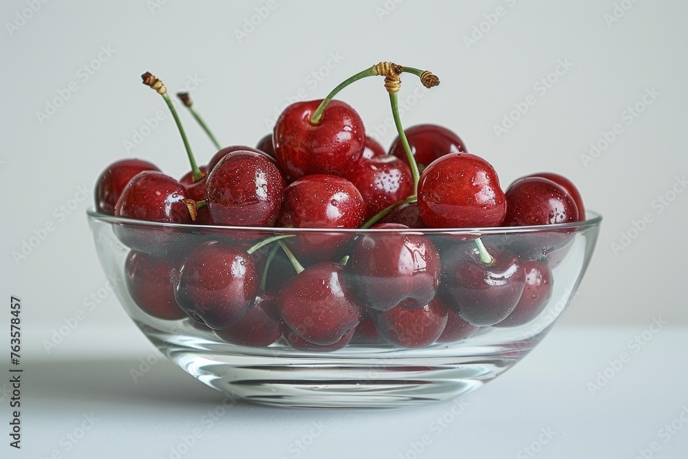 Ripe glossy cherries piled in a transparent glass bowl on a white background Ripe glossy cherries piled in a transparent glass bowl on a white background