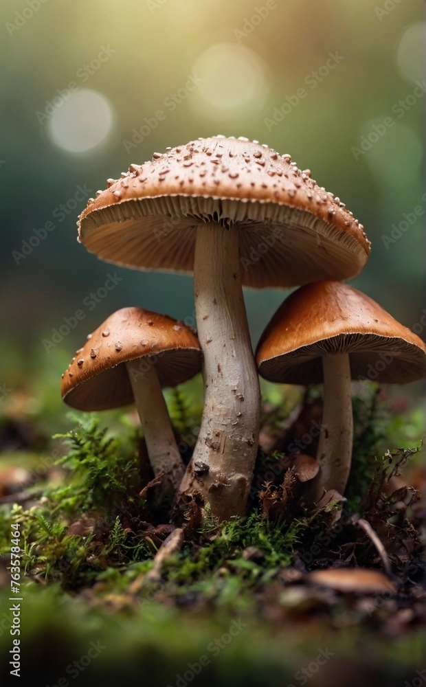 Fototapeta premium Close-up of mushrooms on the ground. Blurred background