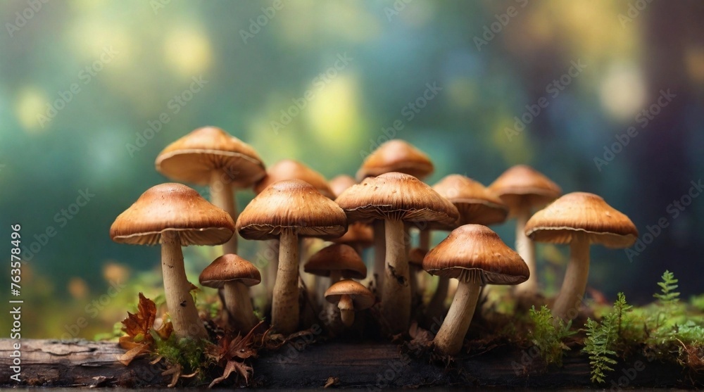 Fototapeta premium Close-up of mushrooms on the ground. Blurred background