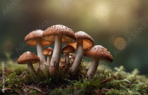 Close-up of mushrooms on the ground. Blurred background