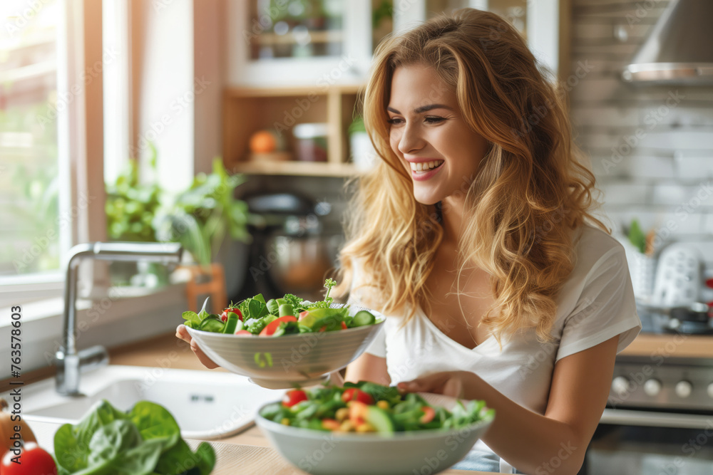 A young cheerful smiling girl in the kitchen preparing a salad and tasting it, healthy food