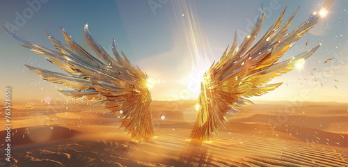 Shimmering gold angel wings, reflecting the suna??s rays, above a peaceful sandy desert landscape photo