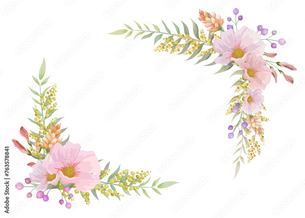 Beautiful border of spring and summer flowers.  Vector illustration of pink, yellow and purple colored frame.