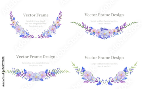 Botanical frame and laurel wreath border set of spring flower and leaf. Blue, pink and purple wild flowers vector illustration.