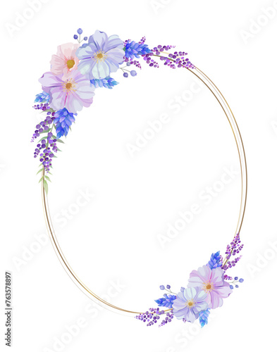 Botanical oval frame and  border of spring flower and leaf. Blue, pink and purple wild flowers vector illustration.