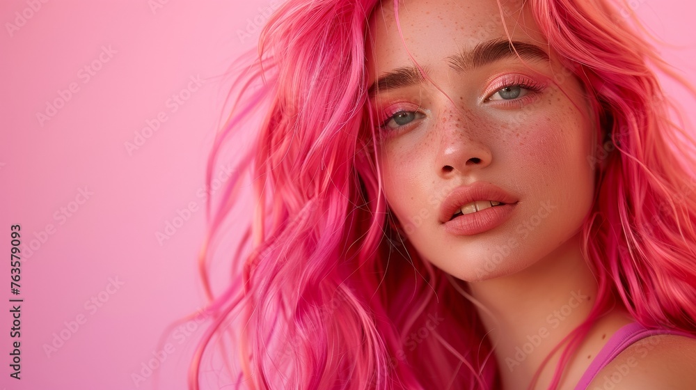 Naklejka premium Vibrant pink hair young woman portrait