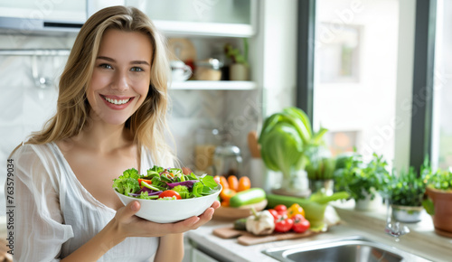 A young cheerful smiling girl in the kitchen preparing a salad and tasting it, healthy food