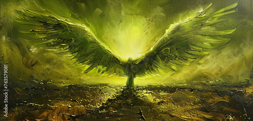 Wings of an angel in a vibrant shade of lime green, casting a surreal glow over a barren moor photo
