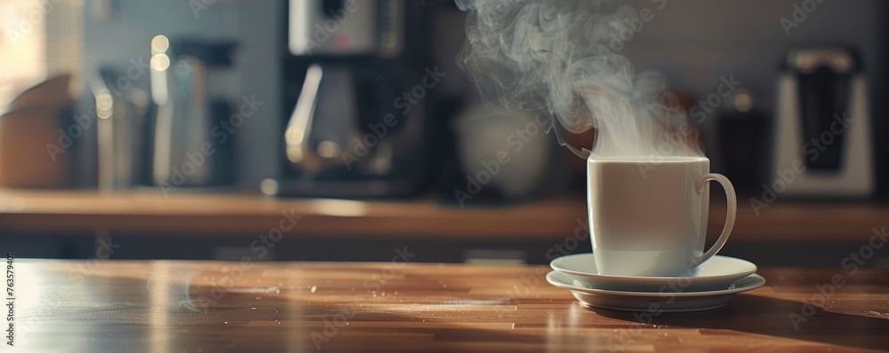 Steaming coffee cup on a kitchen counter with coffee maker in the morning light. - obrazy, fototapety, plakaty 