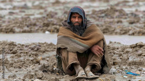 A man sitting on the ground with a blanket wrapped around him, AI