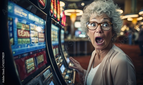 A shocked surprised woman after winning a slot machine at a casino