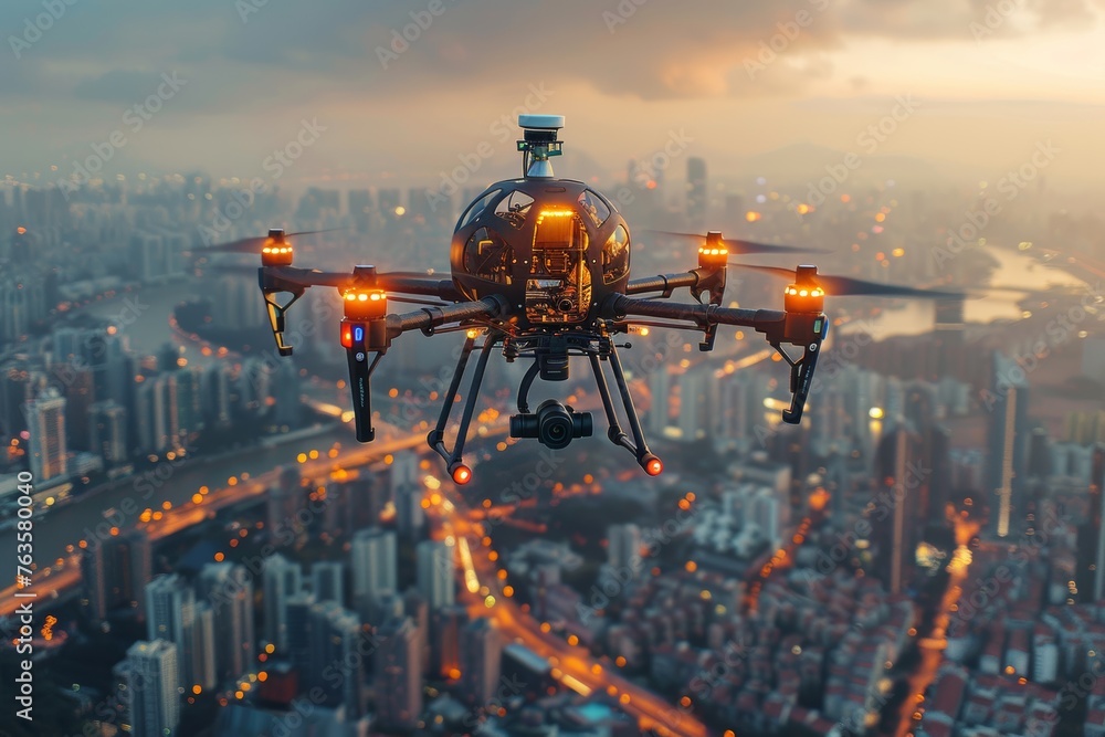 Urban skyline captured by a futuristic drone in flight.
