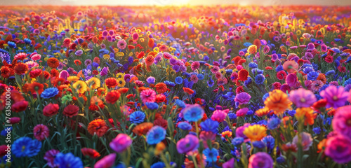 A vibrant flower field, with an explosion of colors as red, purple, and yellow blooms mix under a clear, twilight ambiance