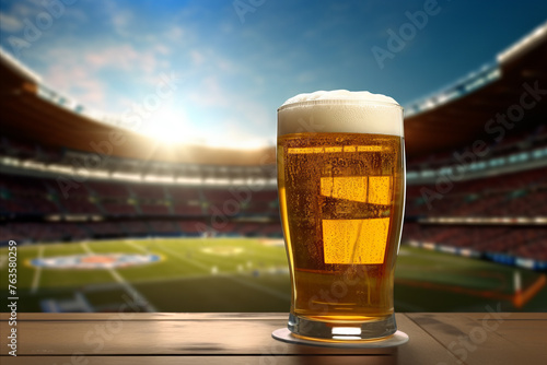 Glass of fresh and cold beer on soccer, American football stadium background