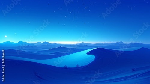 Tranquil illustration of a desert under a starry sky with gentle dunes and a crescent moon