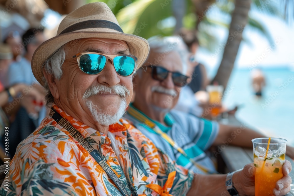 Happy retirees in bright shirts bask in sunshine, sipping drinks by the sea - obrazy, fototapety, plakaty 
