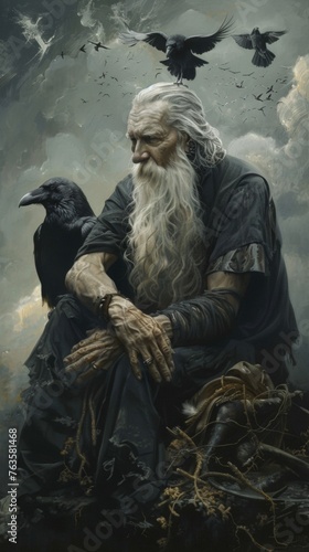 Ancient sorcerer with raven companions