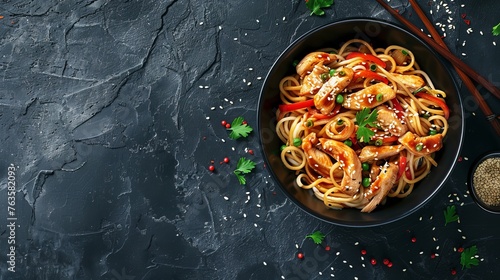 Udon stir-fry noodles with chicken meat and sesame served in a bowl, placed on a dark stone background with space for additional text or elements.
