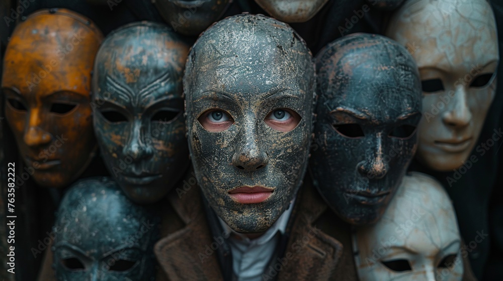 A person peers out from a collection of diverse, ominous masks A person peers out from a collection of diverse, ominous masks
