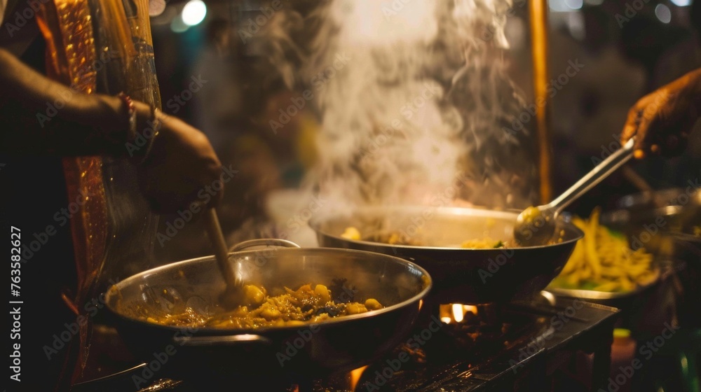 A street vendor cooks indian food on the street in India A street vendor cooks indian food on the street in India