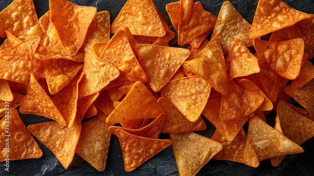 Close-up texture of nacho chips scattered on a dark slate surface Close-up texture of nacho chips scattered on a dark slate surface